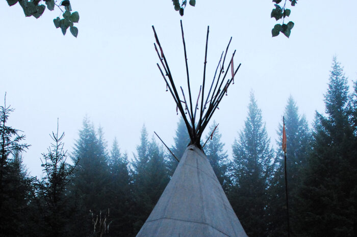 One of the Cross River tipis on a misty morning during an Indigenous culture and land-based education program
